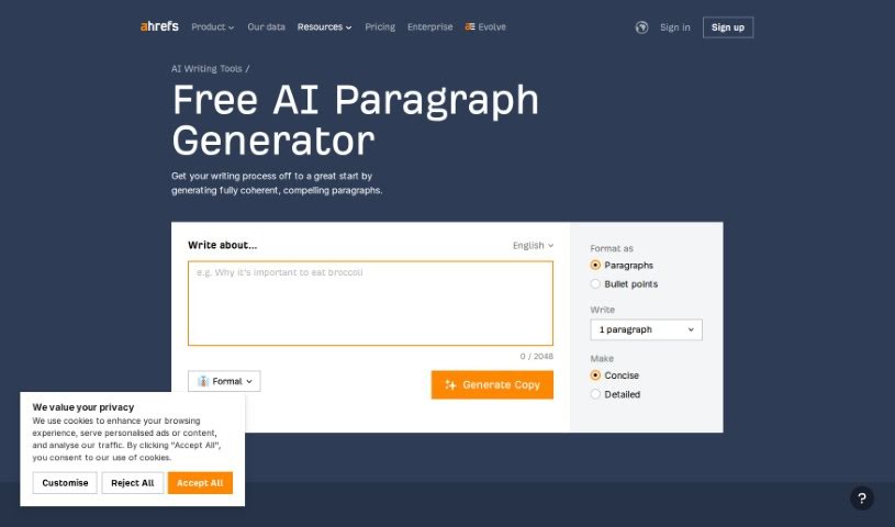 Screenshot of Ahrefs AI Paragraph Generator