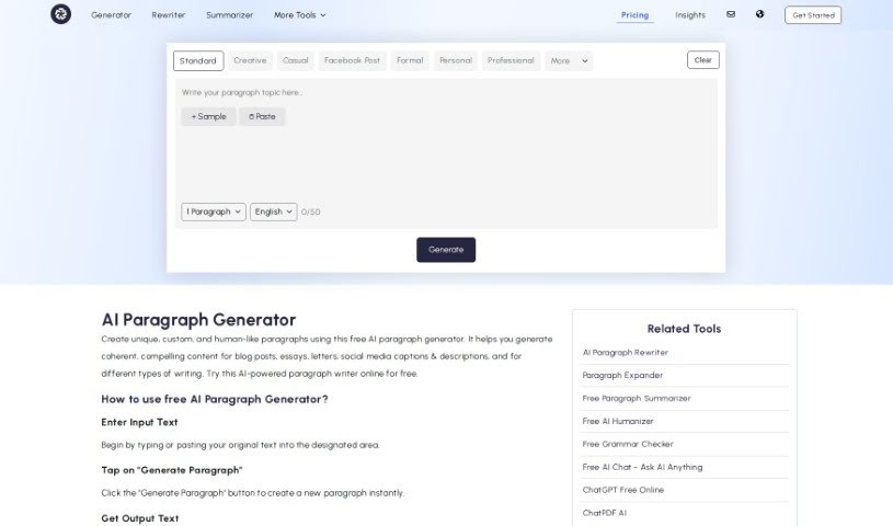 Screenshot of AI Paragraph Generator