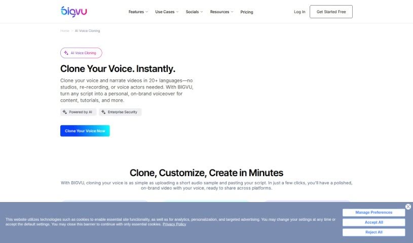 Screenshot of BigVu AI Voice Cloning