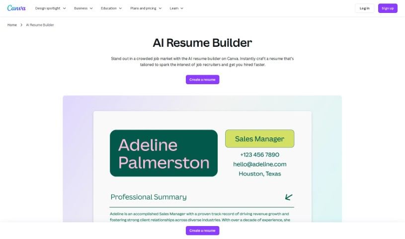 Screenshot of Canva AI Resume Builder