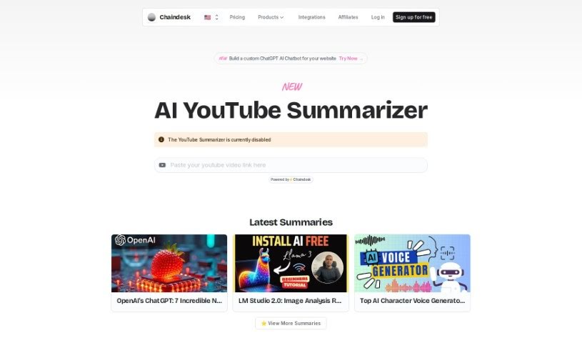 Screenshot of Chaindesk AI YouTube Summarizer