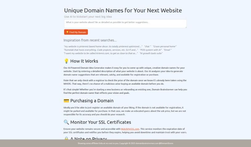 Screenshot of Domain Brainstormer