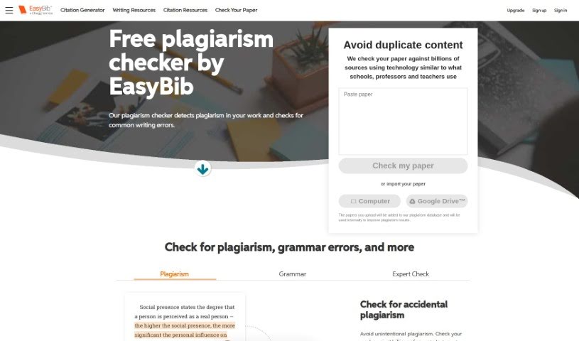 Screenshot of EasyBib Plagiarism Checker