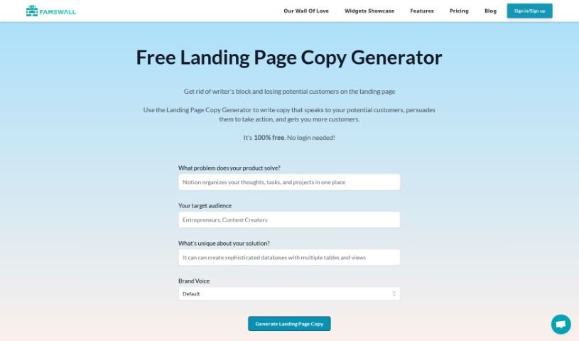 Screenshot of Famewall Landing Page Copy