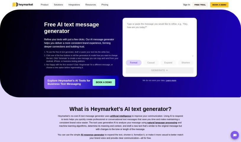 Screenshot of Heymarket AI Text Message Generator
