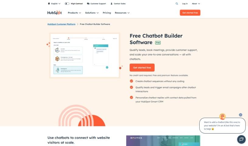 Screenshot of HubSpot Free AI Chatbot Builder