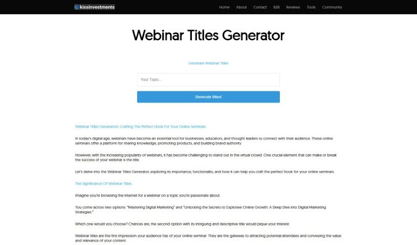 Screenshot of kissinvestments Webinar Titles Generator