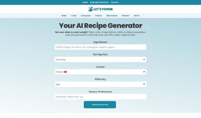 Screenshot of Let's Foodie AI Recipe Generator