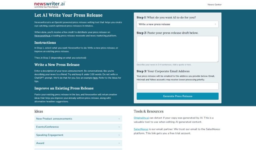 Screenshot of Newswriter.ai
