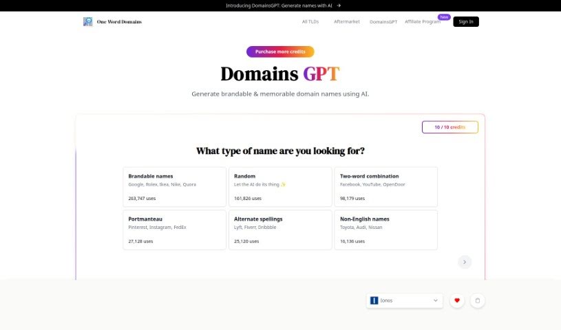 Screenshot of One Word Domains DomainsGPT