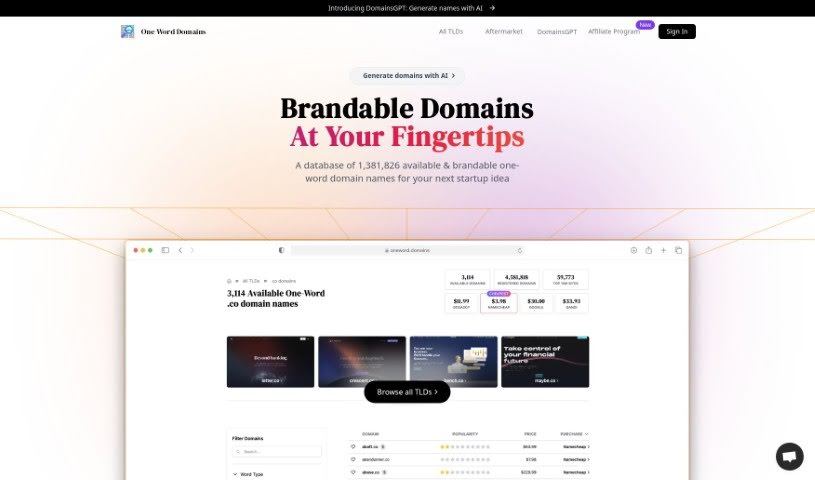 Screenshot of One Word Domains