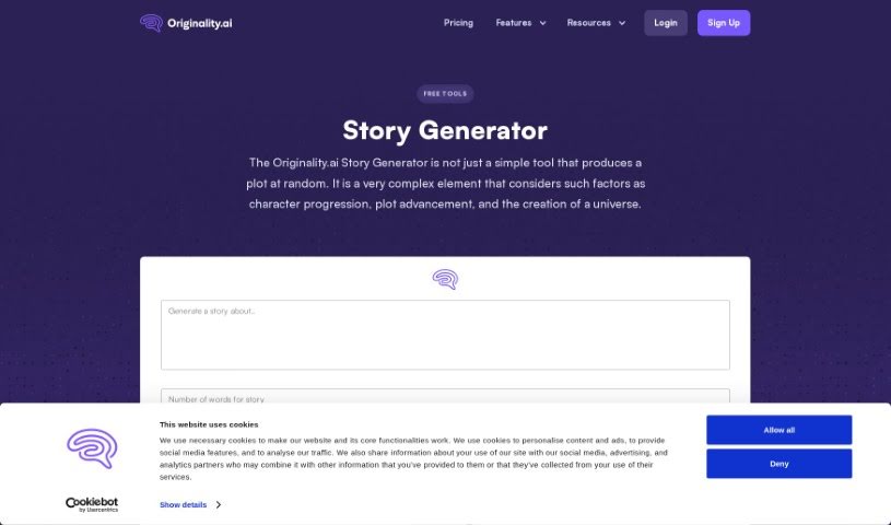 Screenshot of Originality.ai Story Generator