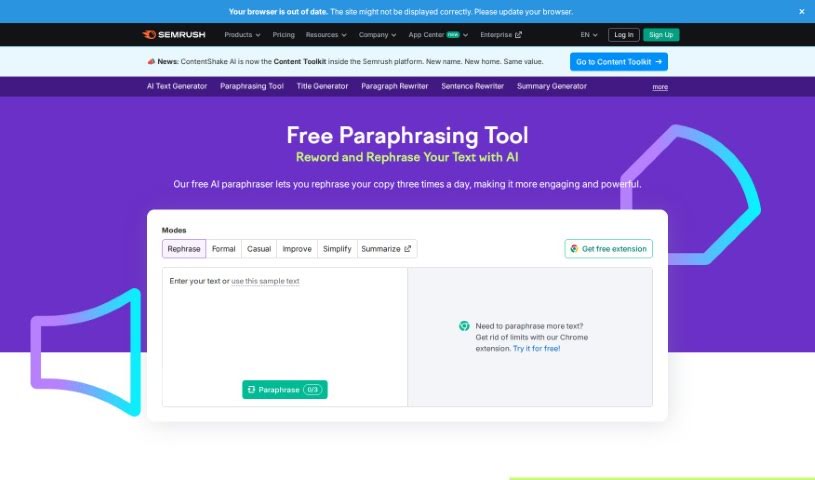 Screenshot of Paraphrasing Too l Semrush