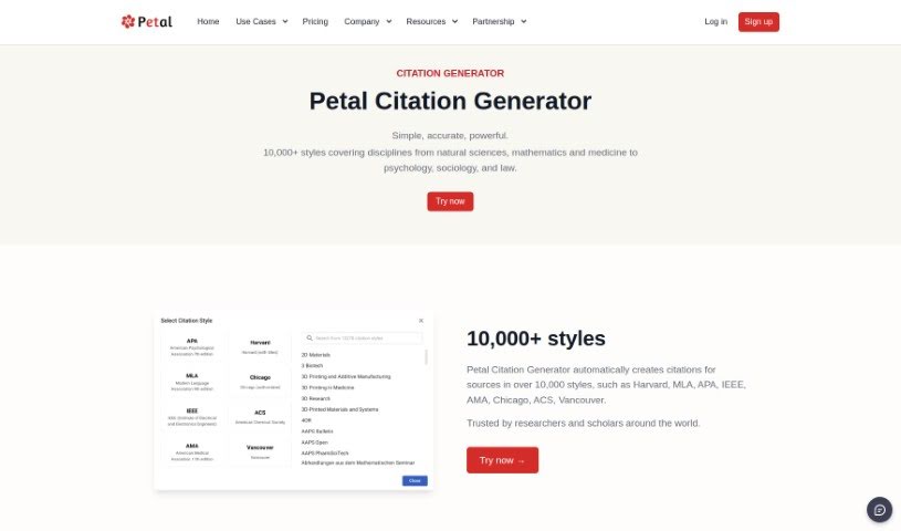 Screenshot of Petal Citation Generator