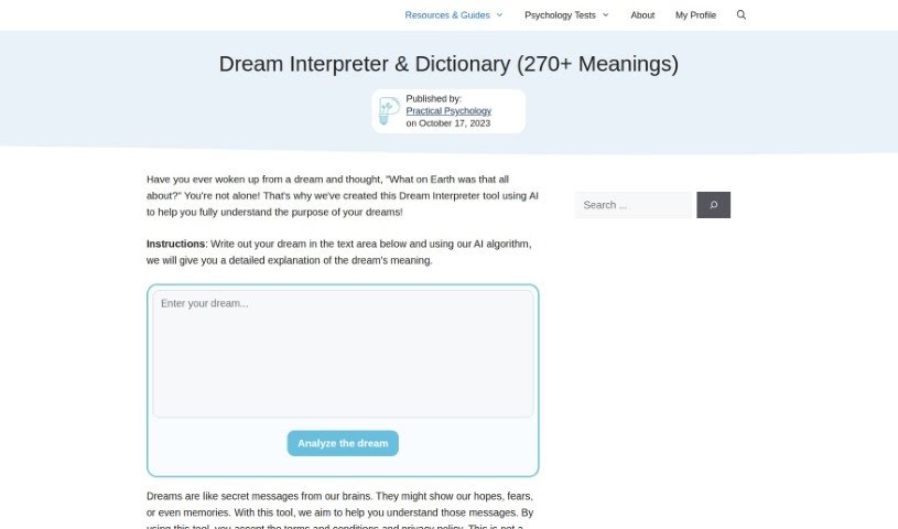Screenshot of Practical Psychology Dream Interpreter & Dictionary