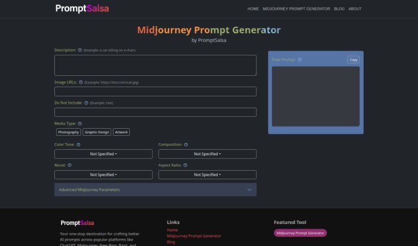 Screenshot of Promptsalsa Midjourney Prompt Generator