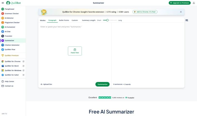 Screenshot of QuillBot AI Text Summarizer