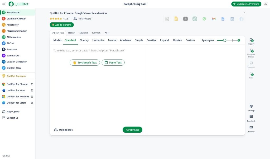 Screenshot of QuillBot Paraphrasing Tool