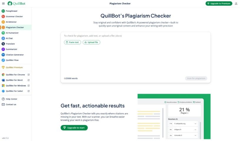 Screenshot of QuillBot Plagiarism Checker