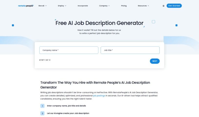 Screenshot of RemotePeople AI Job Description Generator