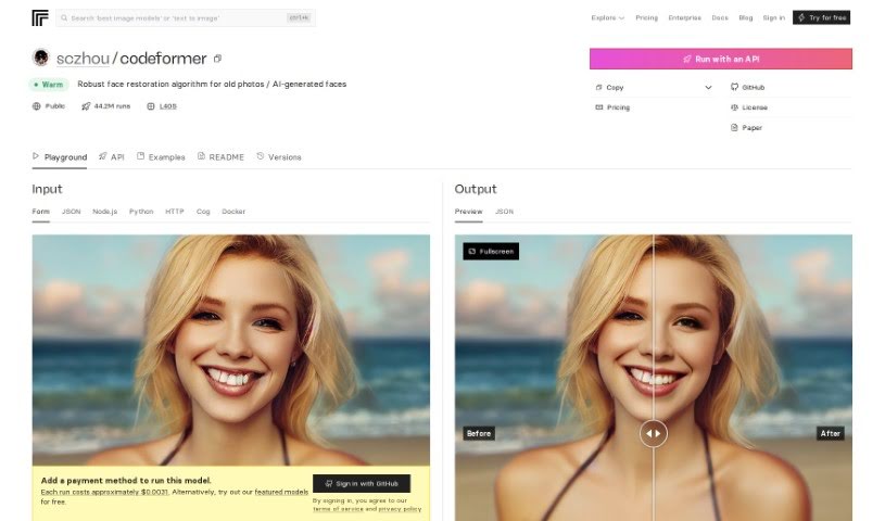 Screenshot of Replicate AI CodeFormer