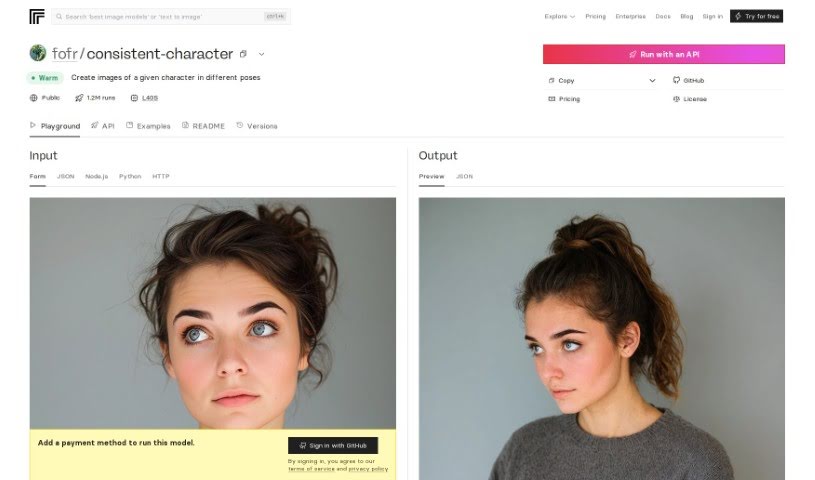 Screenshot of Replicate AI Consistent Character