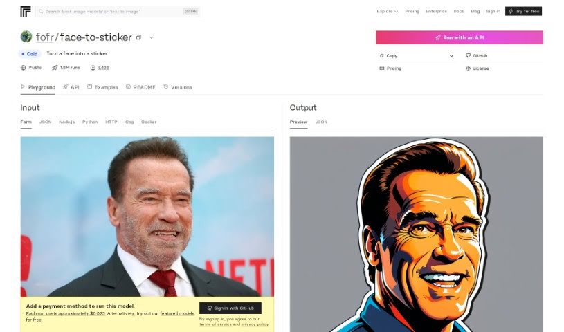 Screenshot of Replicate AI Face-to-Sticker