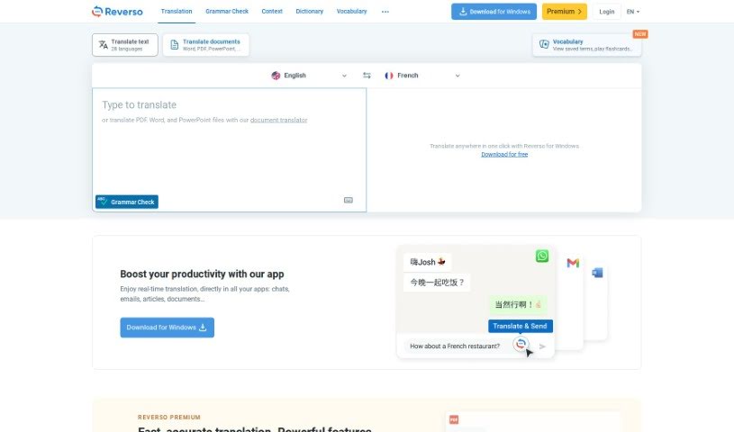 Screenshot of Reverso Text Translation