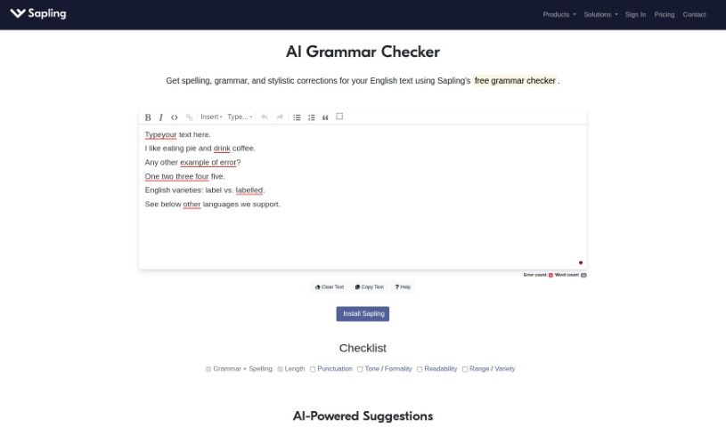 Screenshot of Sapling AI Grammar Checker