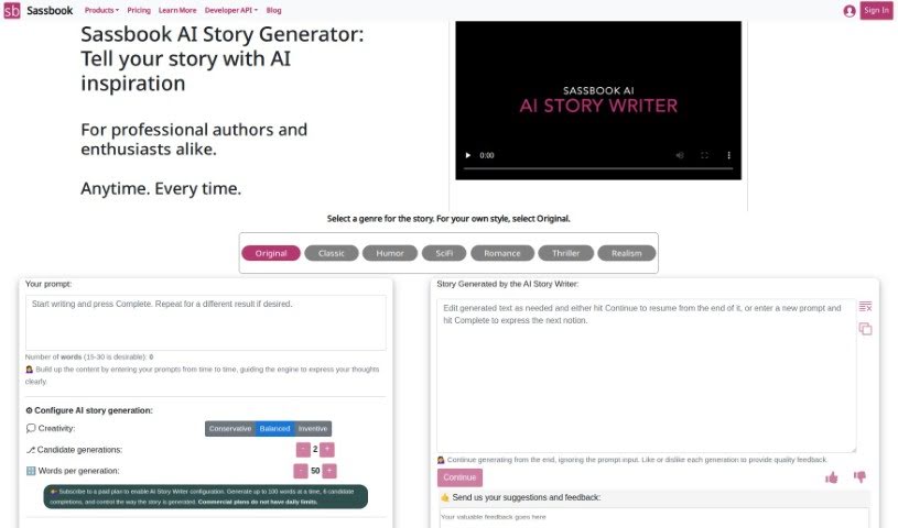 Screenshot of Sassbook AI Story generator
