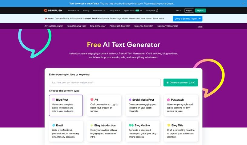 Screenshot of Semrush AI Text Generator