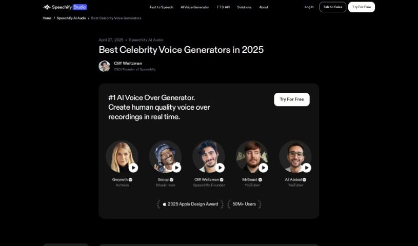 Screenshot of Speechify Celebrity Voice-Over Generator