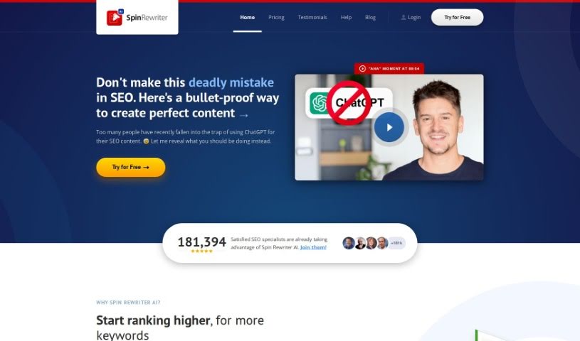 Screenshot of Spin Rewriter AI