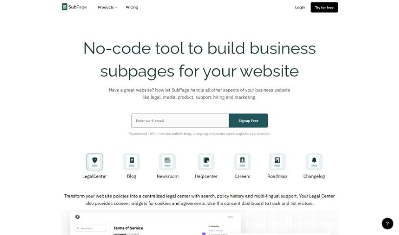 Screenshot of SubPage