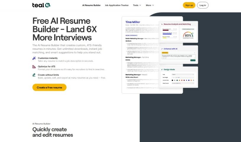 Screenshot of Teal Resume Builder
