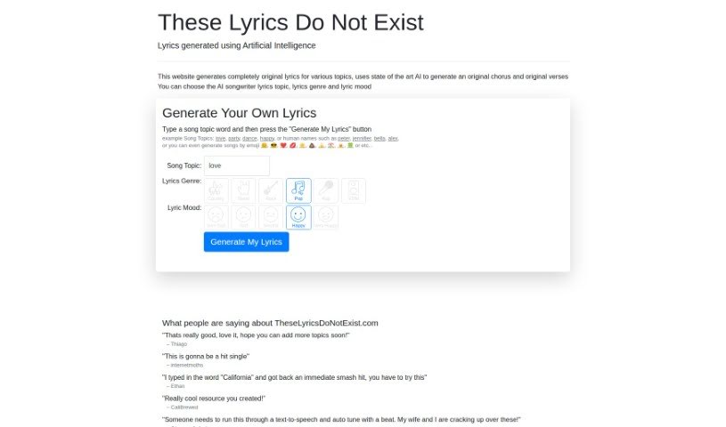 Screenshot of These Lyrics Do Not Exist