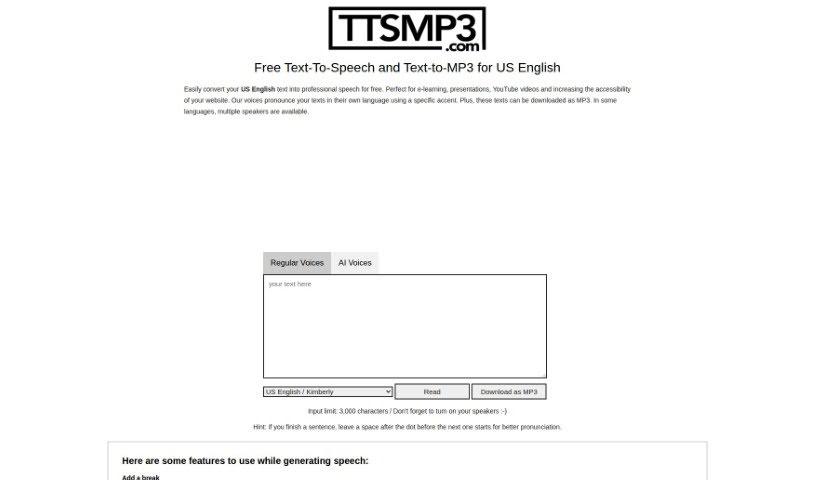 Screenshot of ttsMP3.com