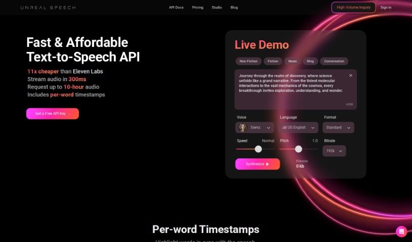 Screenshot of Unreal Speech