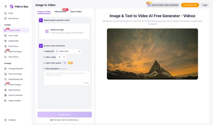 Screenshot of Vidnoz AI Image to Video