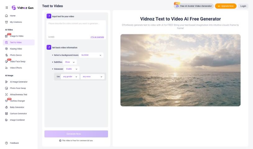 Screenshot of Vidnoz AI Text to Video