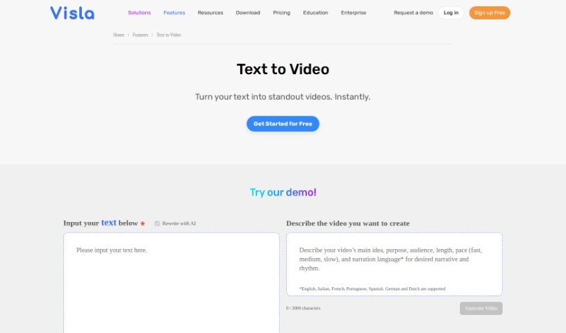Screenshot of Visla Text to Video